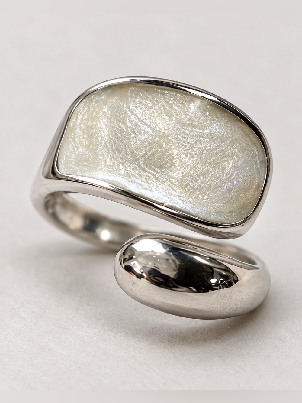 Silver Tone Iridescent Mother of Pearl Style Open Wrap Statement Ring